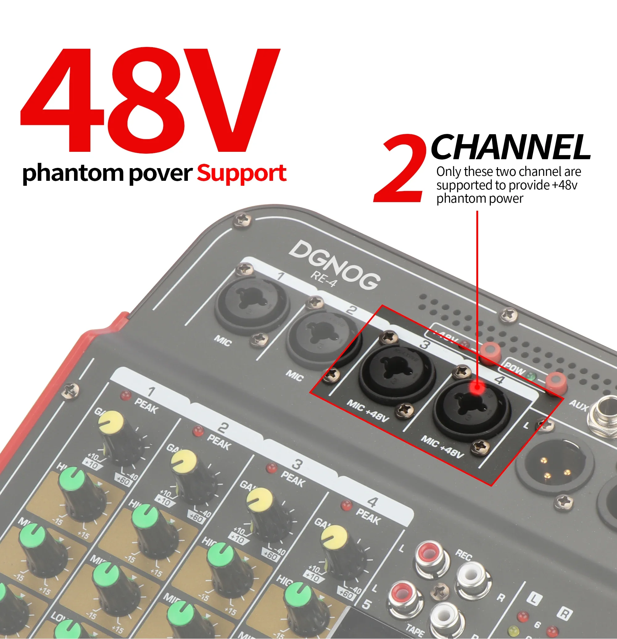 RE4 4-Channel Sound Mixer AUX Effec Console DJ Mixing 48V Phantom Power Bluetooth USB REC XLR Output Audio Mixer DGNOG audio mixer