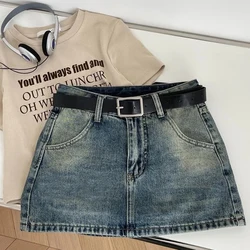 Gidyq Retro Women Denim Skirts American Casual Belt Mini Skirt Streetwear High Waist Female A Line Jeans Skirts Spring New