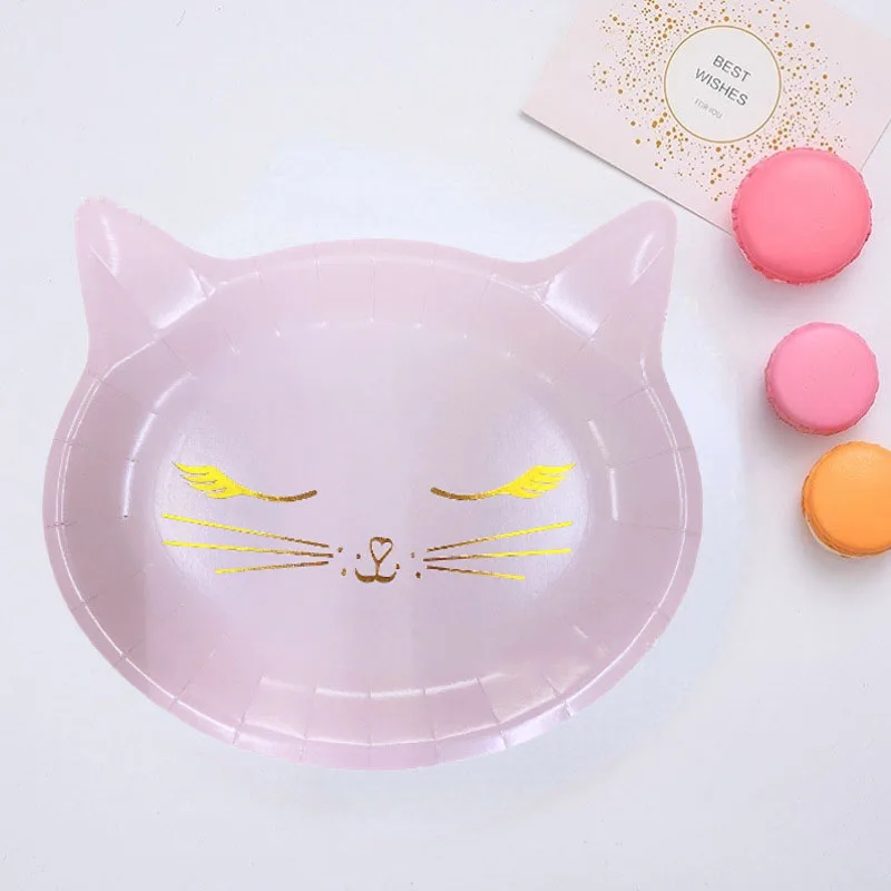 8pcs 9 Inch Pink Cat Disposable Plates Girls Favor Birthday Cake Pink Kitty Cat Cake Dessert Paper Plate Girls Birthday Supplies