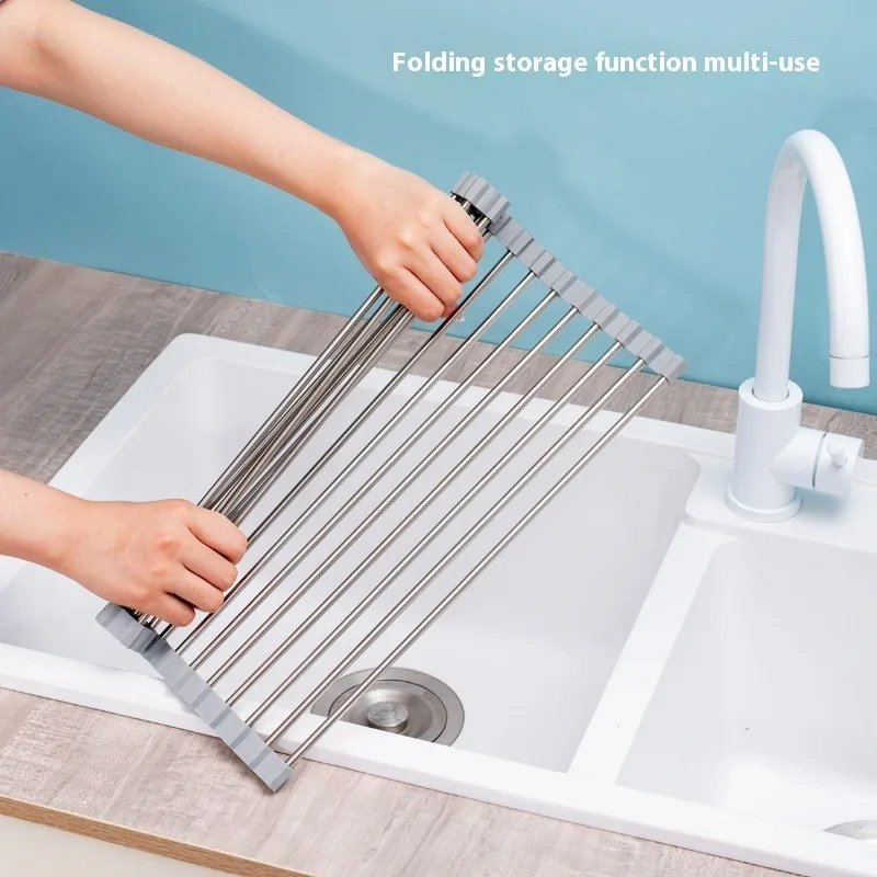 Foldable Kitchen Dish Drying Rack Stainless Steel Bowl Fruit Vegetable Dish Holder Sink Roller Organizer Basket Racks Tools multi layer storage rack