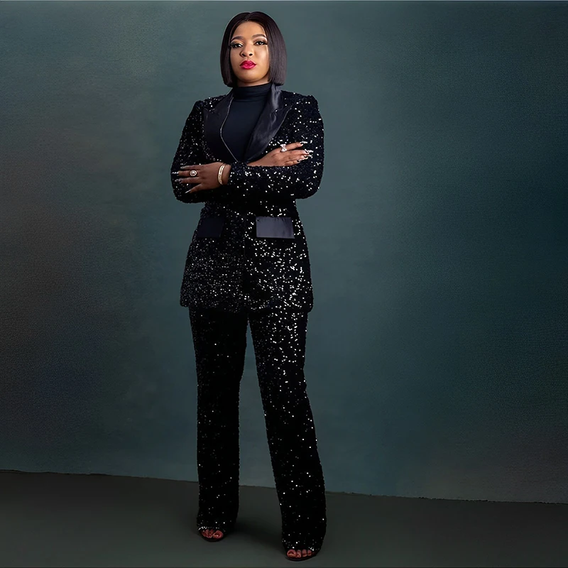 

Women's Suit Sequin Jacket Pants 2 Piece Wedding Party Mom Clothes Slim Fit Fashion Blazer Set Lady Clothes