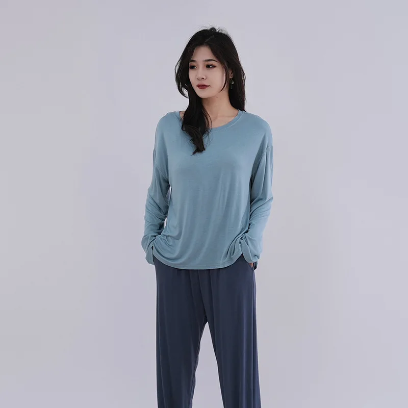 Women's Modal Nigtgown 2pcs pajama sets long sleeves Tshirt bra padded and trousers Loose Sleepwear comfortable Homewear suit