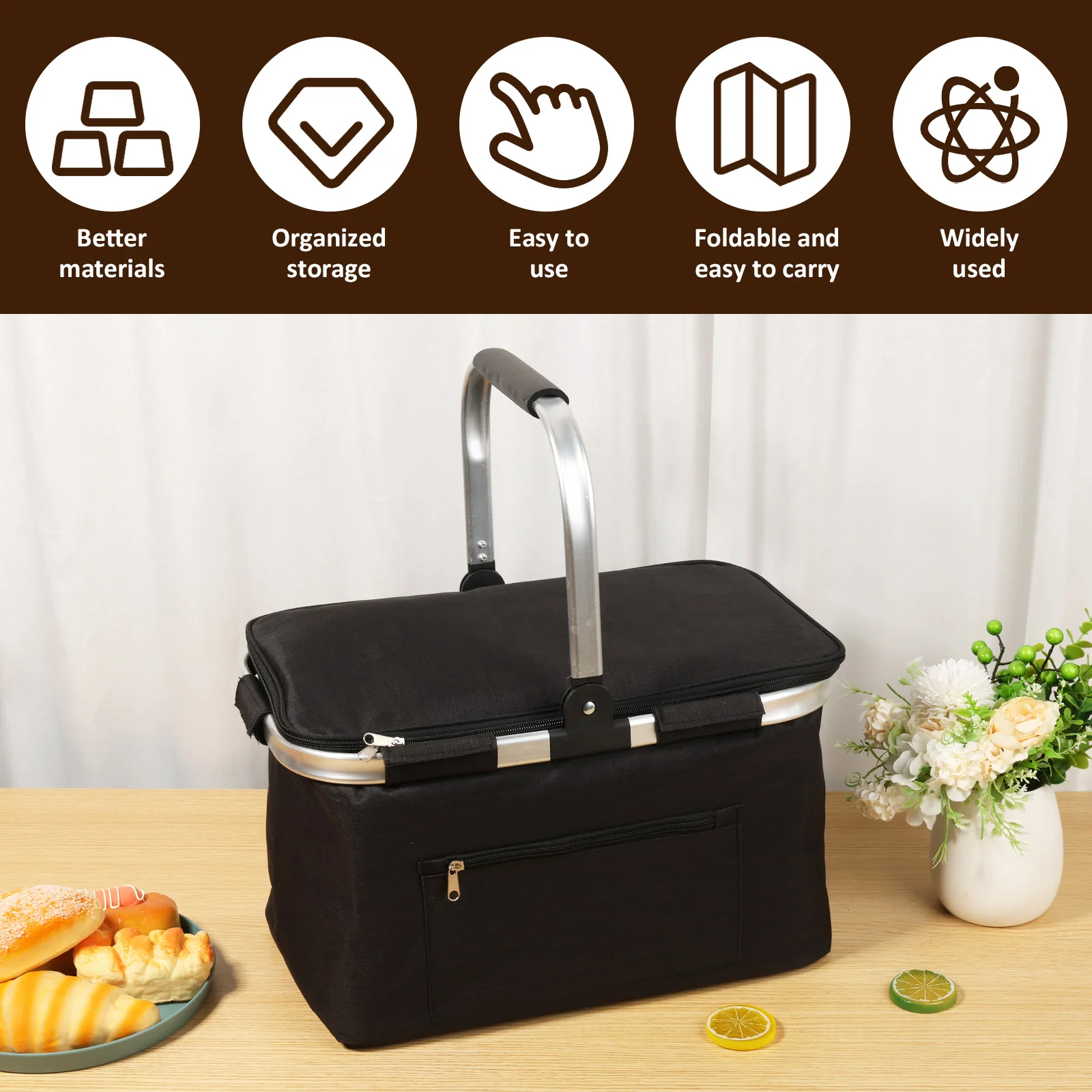Picnic Basket Portable Folding Insulated Bag with Padded Handle and Lid Handheld Waterproof Shopping Basket for Travel Picnic