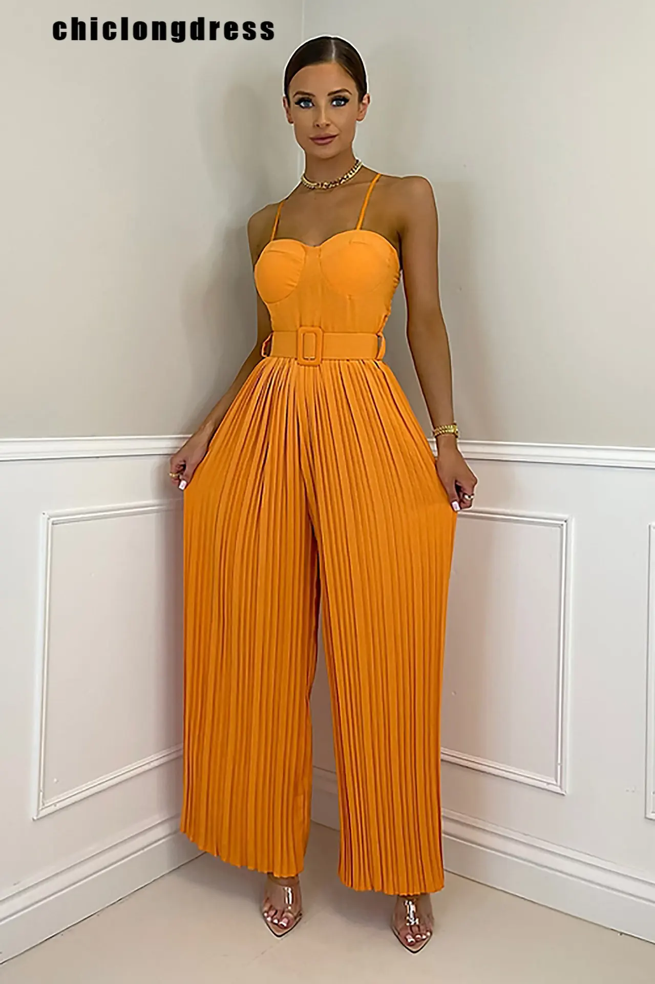 Summer Casual Suspenders Long Jumpsuit Women Fashion Solid  Sleeveless Sashes Pleated Wide Leg Jumpsuit Women qili women s long sleeve v neck pleated bodysuits burgundy sexy jumpsuit autumn