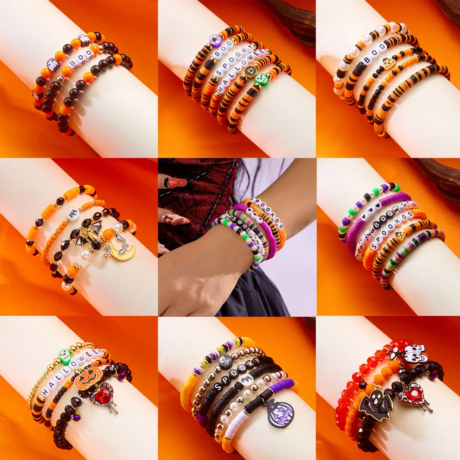 Halloween Skelett Geist Mehrschichtiges gestapeltes Armband-Set für Damen Herren Totenkopf Fledermaus Kürbis Kristall Perlen Schmuck Festival Geschenk – Detail 3