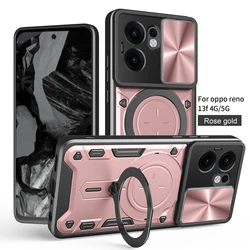 Shockproof Armor Phone Case with Magnetic Ring Holder and Slide Lens Protector Cover for Reno 12 Pro (JS-Rose Gold)