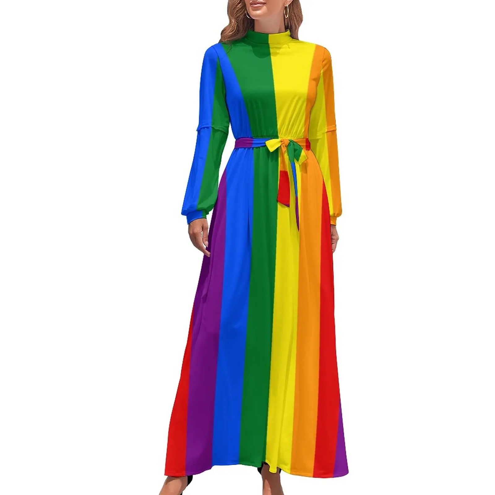 

LGBT Rainbow Dress Gay Pride Flag Print Simple Boho Beach Dresses Female Long Sleeve High Waist Elegant Graphic Long Maxi Dress