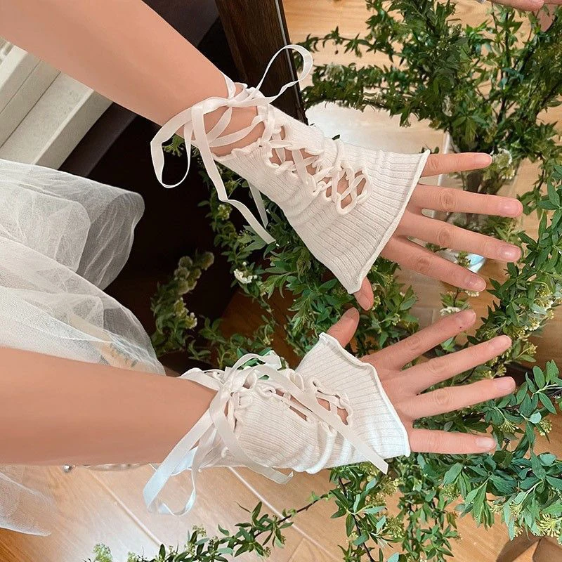

1Pair Lolita Style DIY Gloves Sweet Girl Lace Up Ruffles Arm Sleeve JK Gothic Fingerless Glove For Women Halloween Accessories