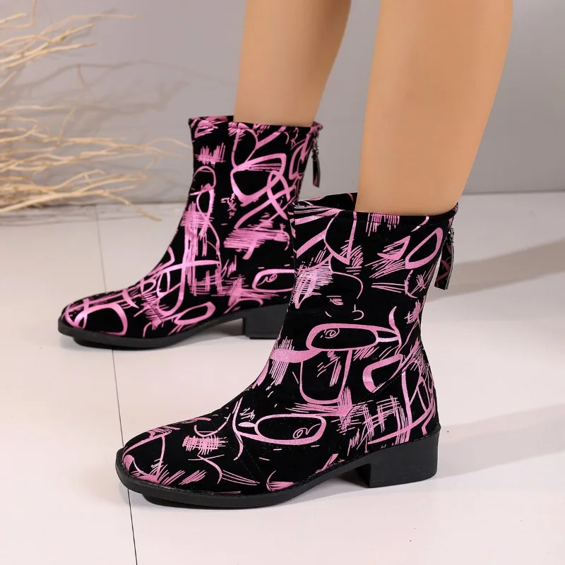 Winter Cowboy Boots Leather Pointed Toe Zipper Retro Print Design Thick Heel Rider Boots Casual Mid Calf Printed Women's Boots