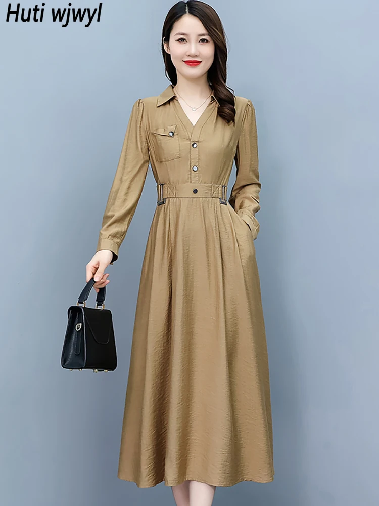 knee length dresses for ladies Buddha Stones Fall Casual Simple Design Long Sleeve Cotton Linen Maxi   ca.buddhastoneshop.com