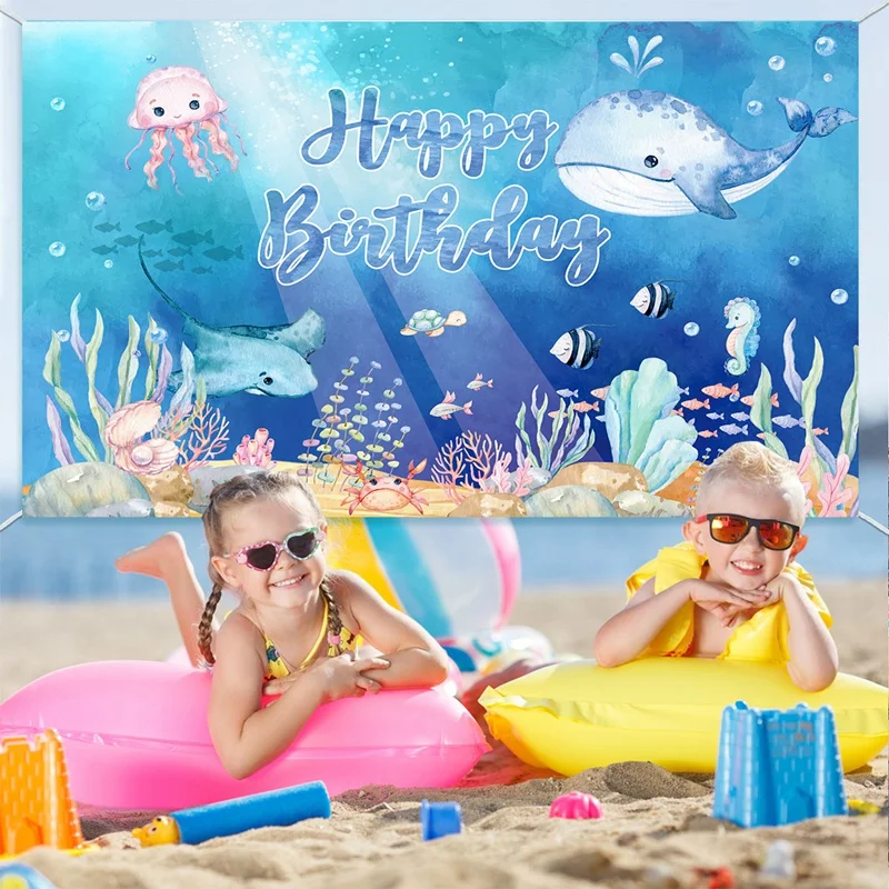 Description Picture 6 of itemUnder The Sea Theme Photography Backdrop Summer Ocean Underwater Background Aquarium Whale Octopus Birthday Party Decoration