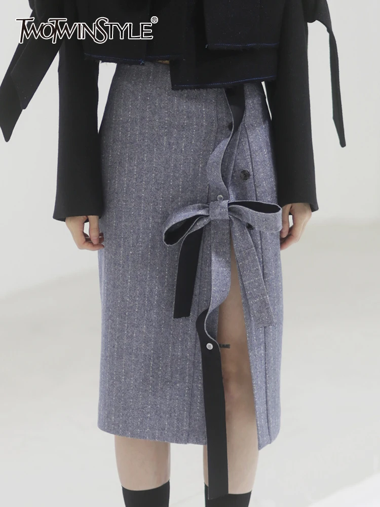 

TWOTWINSTYLE Split Thigh Spliced Bowknot Elegant Skirts For Women High Waist Patchwork Pockets Skirt Female Fashion Clothes 2023