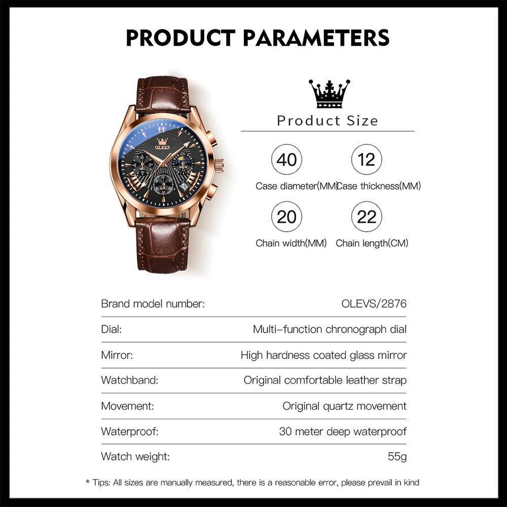 OLEVS Quartz Watch for Men Stainless Steel Waterproof Luminous Leather Strap Moon Phase Multifunctional Men's Watches New Reloj