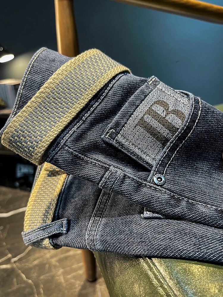 Men Jeans Embroidery Geometric Zipper Fly Slim Mid Softener Denim Pencil Pants Lightweight Full Lengt High Street Red Ear Tannin