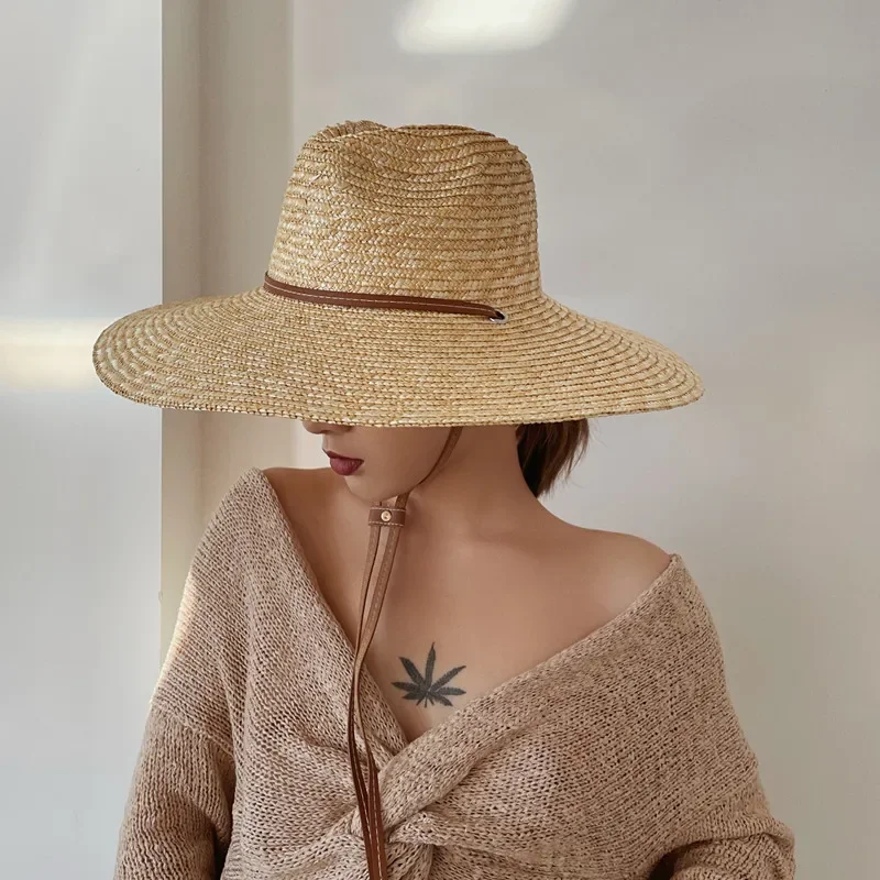 New Belt Strap Straw Sun Hat For Women Fashion Vacation Beach UV Hats Summer Wide Brim Travel Panama Hats Outdoor