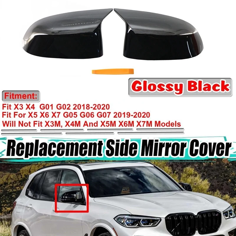 

2Pcs Car Side Door Ox Horn Rearview Mirror Cover Caps For -BMW X3 G01 X4 G02 X5 G05 X6 G06 X7 G07 2018-2021 M Style