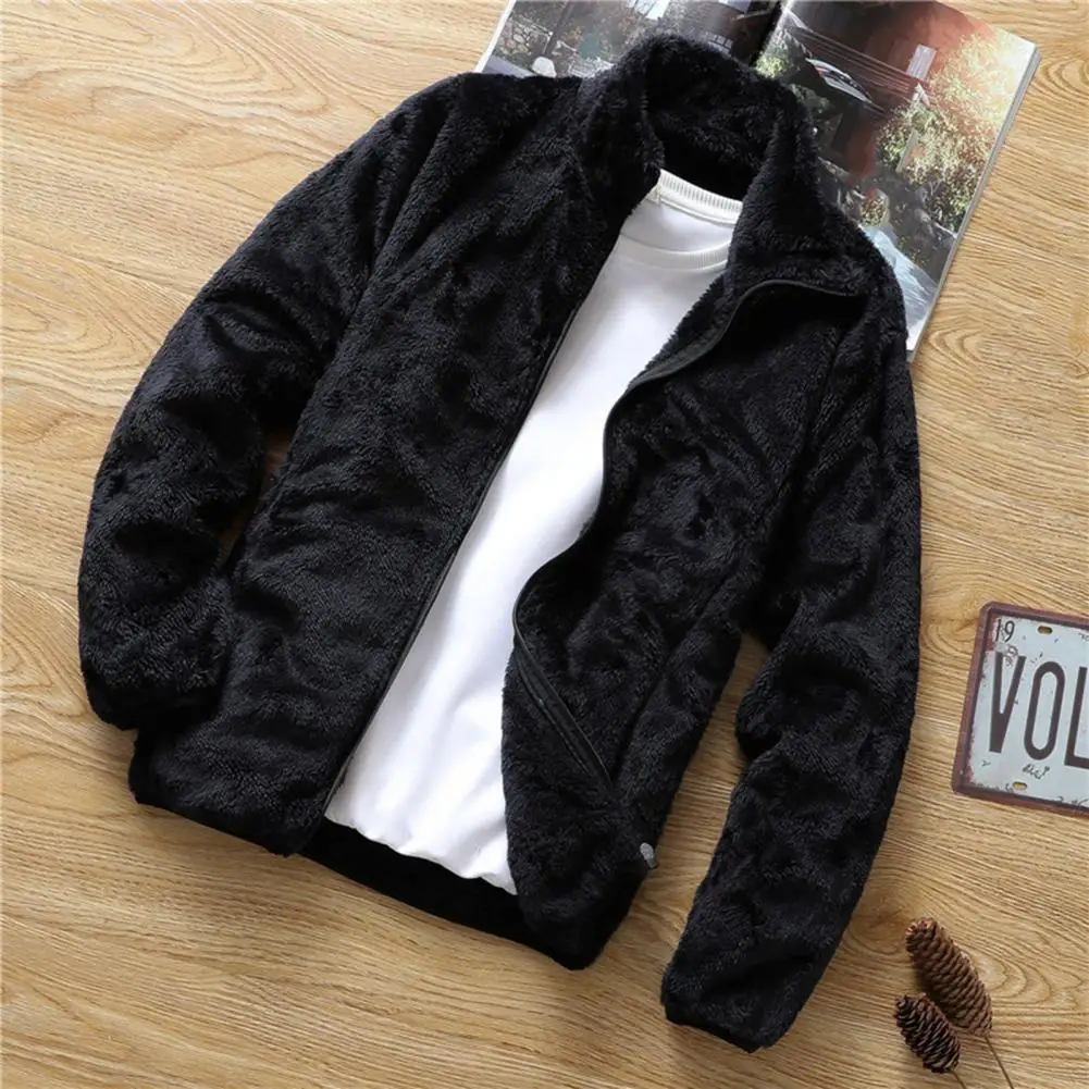 

Simple Fluffy Jacket Men Fleece Jacket Solid Color Stand Collar Warm Cardigan Jacket Thick