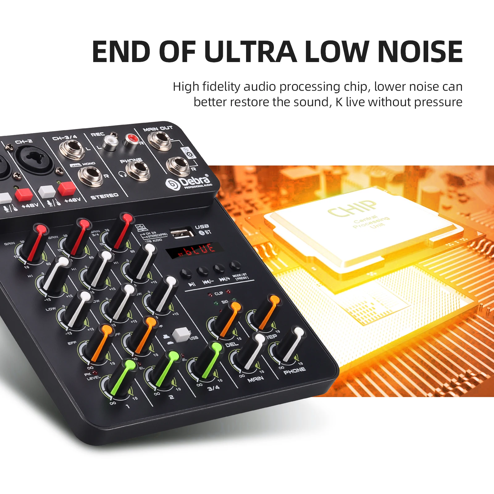 IKGE Neuer V4 Audio Mixer 4-Kanal mit Bluetooth USB 48V Phantomspeisung verzögerte Wiedergabereffekte für Mischpult PC-Aufnahme – Detail 3