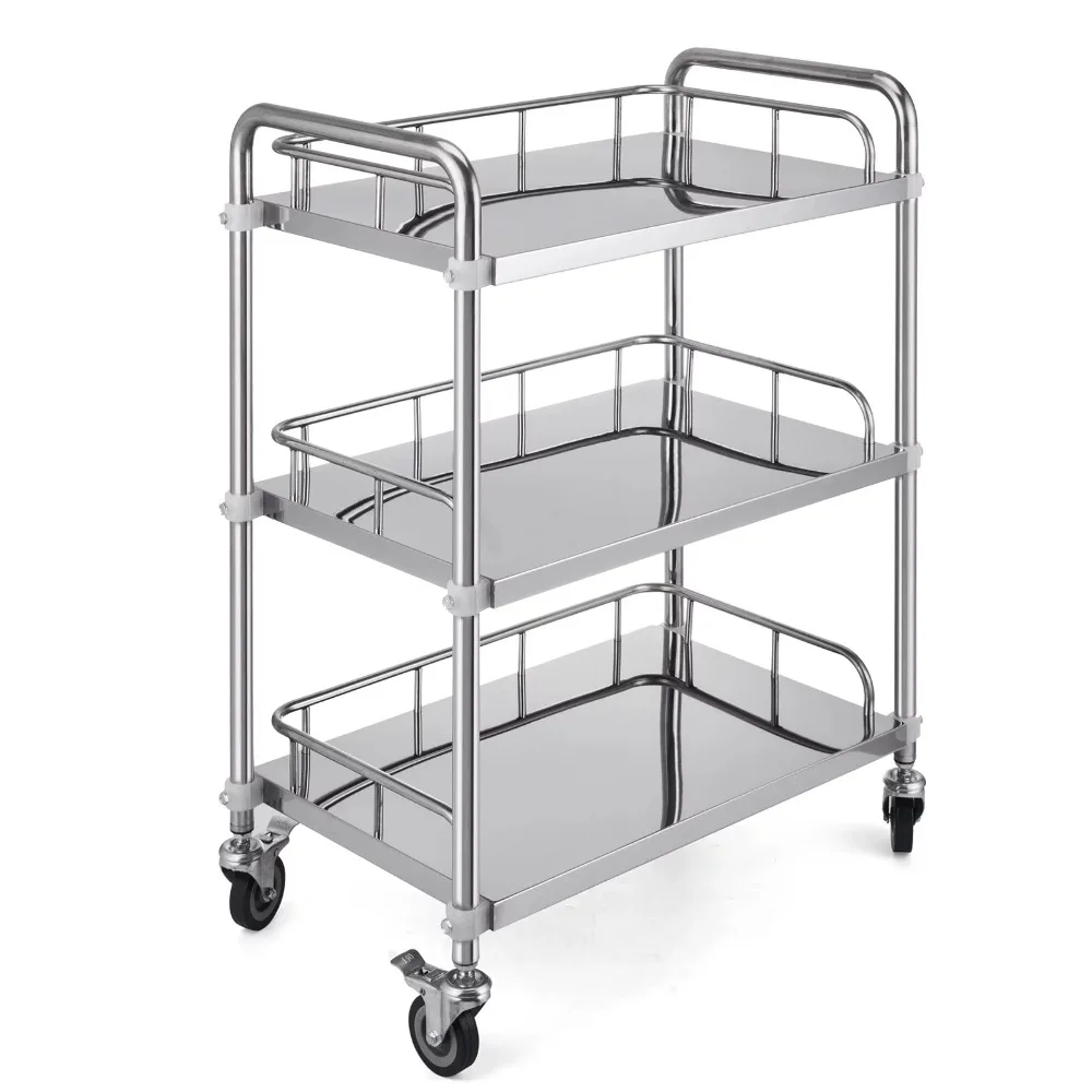 

Lab Rolling Cart 3 Shelves Shelf Stainless Steel Rolling Cart Catering Dental Utility Cart ，23.4" x 15.6" x 33.2"