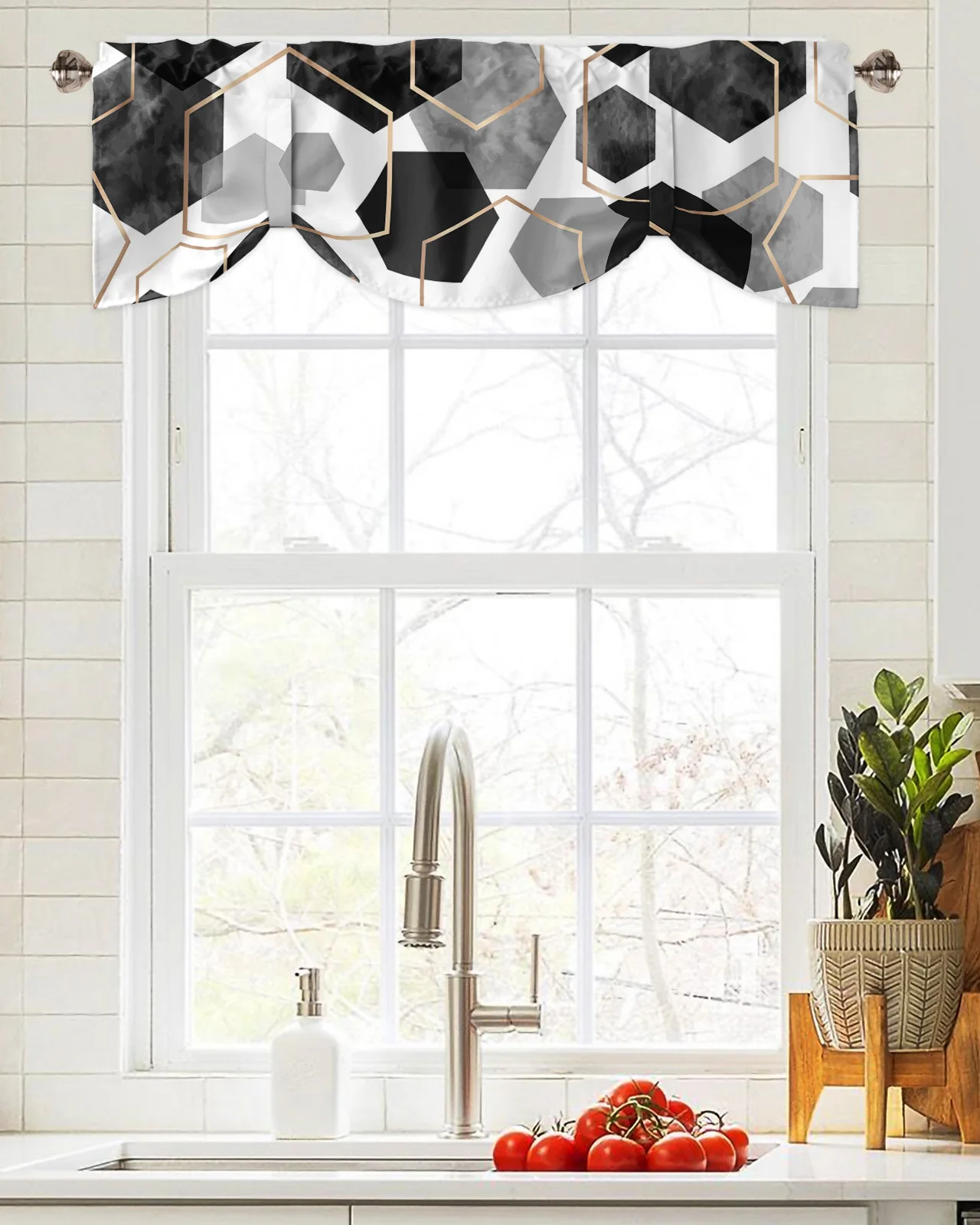 

Black Geometric Texture Window Curtain Living Room Kitchen Cabinet Tie-up Valance Curtain Rod Pocket Valance