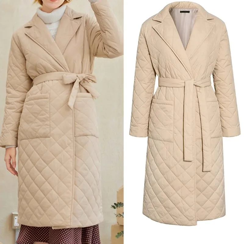 

2024 Autumn Winter Coat Womens Argyle Long Jacket Thin Parkas Double Breasted Belt Coat Plaid Trench Coats for Women Overcoat