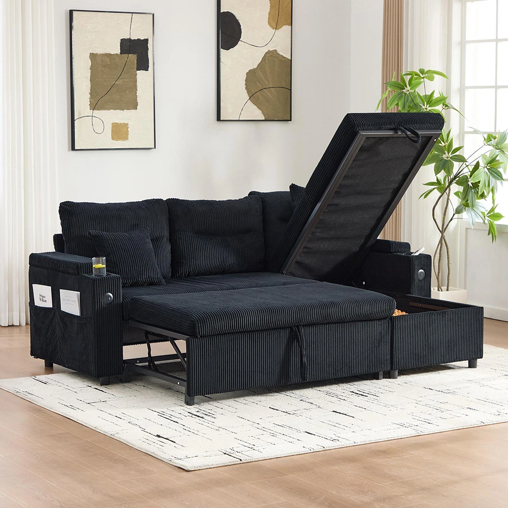 KOMHTOM Modernes 3-Personen-Leinensofa mit Stauraum, Getränkehalter, USB-C, Hydraulische Chaiselongue, Schubladenbett – Detail 3