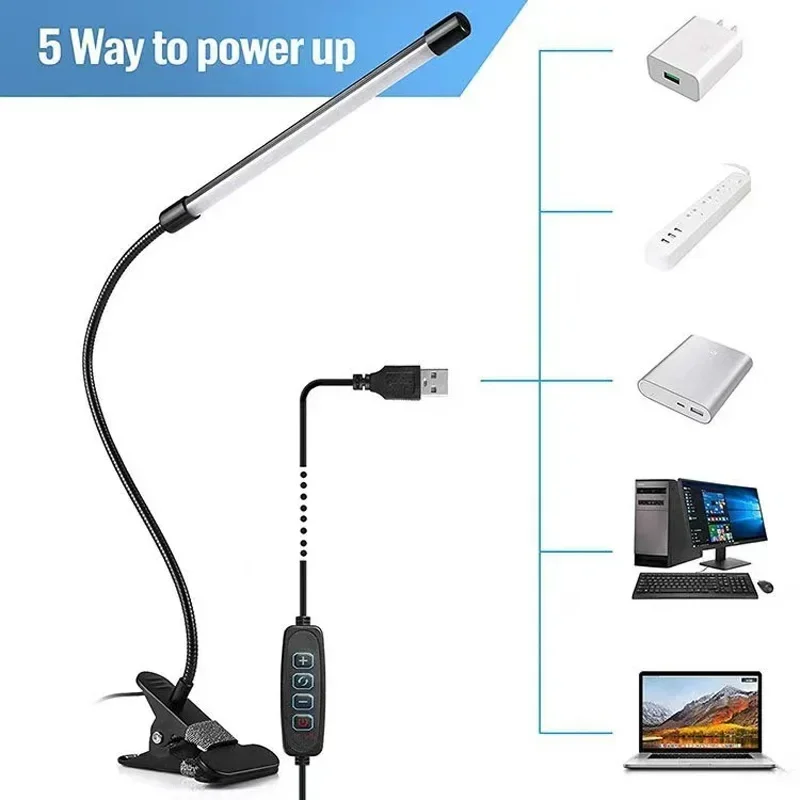 Black LED Clip-On Desk Lamp - Eye Protection Reading Light for Dorm, Bedroom, or Office