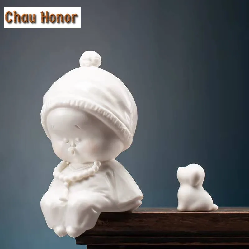 Boutique White Porcelain Tea Pet Figure Statue Handmade Ceramics Small Monk Ornaments Tea Set Decoration Accessories Crafts Gift