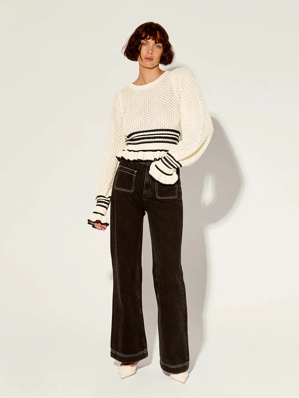 Knitted Ruffle Cuff Tightening Pullover for Women