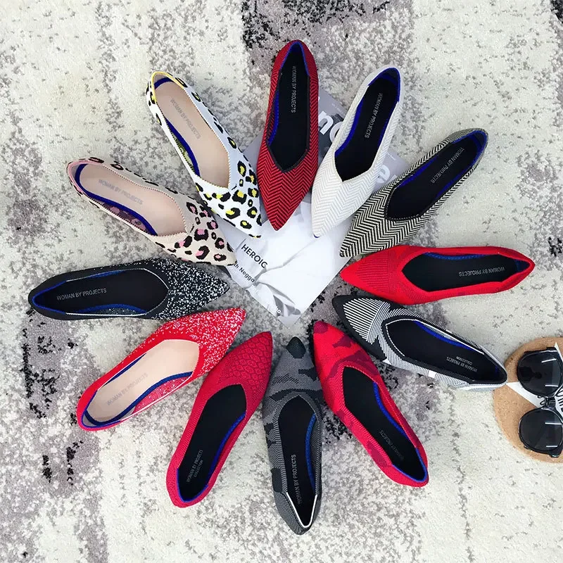 Luxury Women Flats Shoes Knitting Shoes Woman Ballet Flats Fashion Loafers Pointed Slip-On Leopard Print Breathable Boat