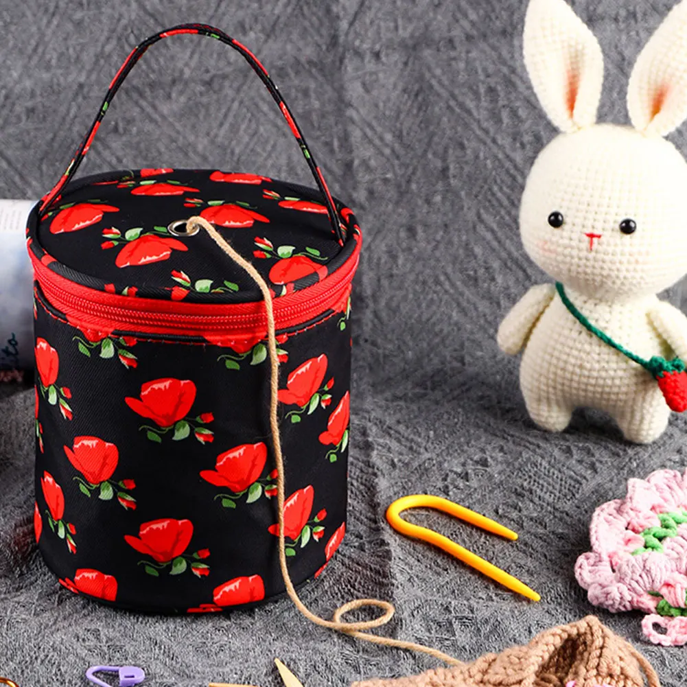Oxford Yarn Holder Rose Pattern Yarn Storage Tote Bag with Handle Bucket Bag Short Perforated for Hooks Knitting Needles