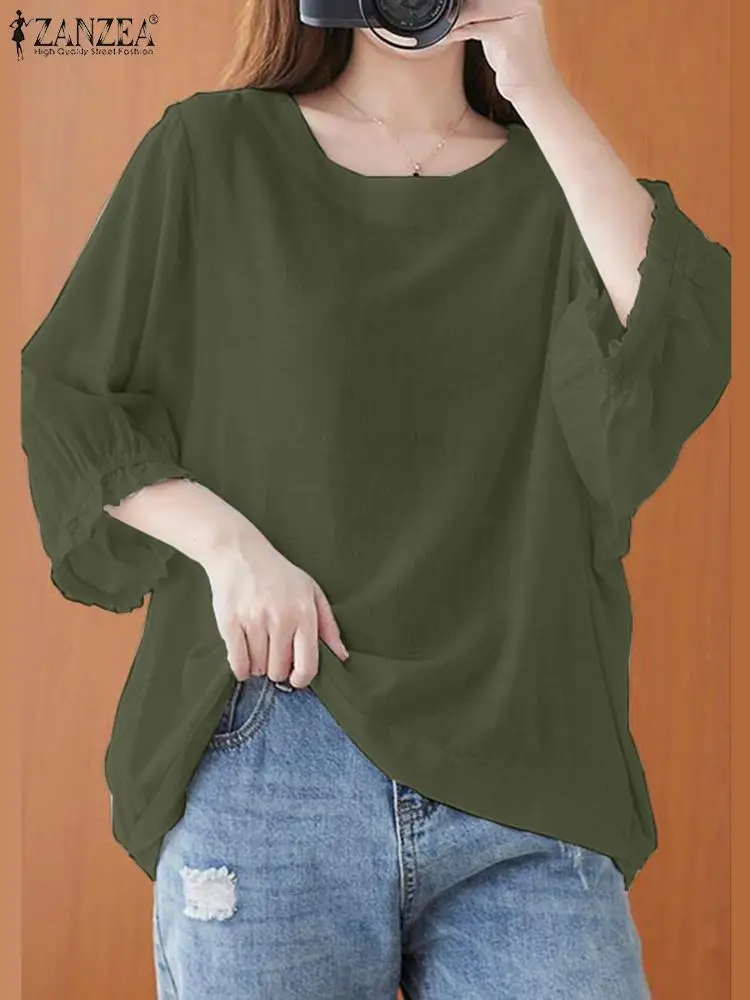 

ZANZEA Summer Elegant Blouse Women O Neck 3/4 Sleeve Casual Shirt Female Blouses Holiday Party Blusas Chemise Work Tops Oversize