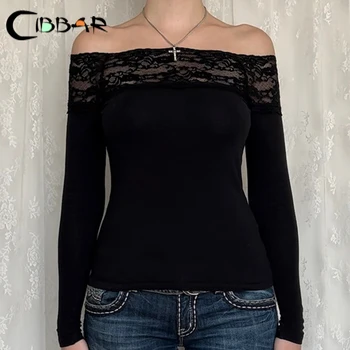 CIBBAR 여성용 블랙 레이스 스티치 슬래시 넥 크롭탑, 우아한 섹시 스키니 긴팔 티셔츠, 하라주쿠 Y2k 가을 기본 티