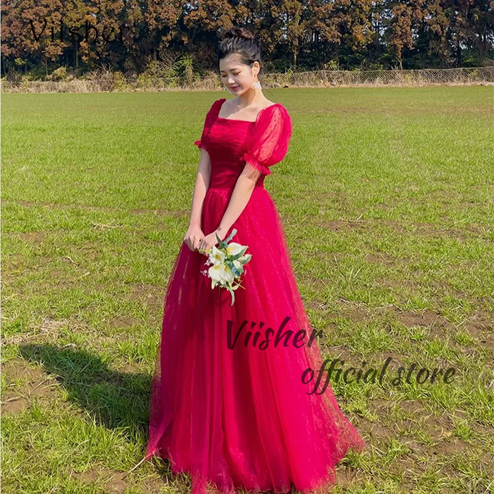 

Viisher Burgundy Tulle Korea Prom Party Dresses Short Sleeve Square Neck A Line Evening Dress Floor Length Wedding Guest Gown