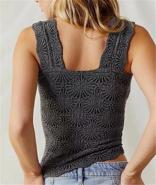 Women's Square Neck Sleeveless Crop Tank Top – Floral Jacquard, Lettuce Trim, Slim Fit, Wide Strap Cami - View #9