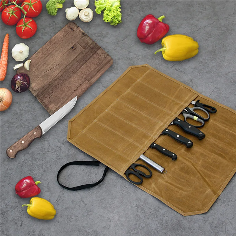 7SlotChefKnifeRollBagWaxedCanvasKitchenToolStoragePocketBag