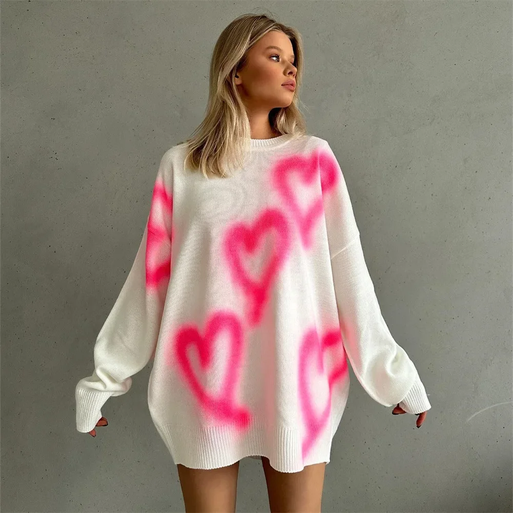 Europe and the United States sweet spice girl style loose casual design love gradual spray print knitted long sleeve top