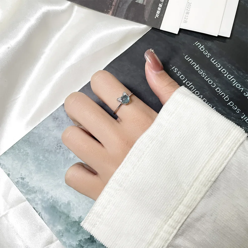 Sterling Silver Blue Imitation Crystal Cat Adjustable Finger Ring for Women Shiny Zircon Blue Cat Eye Stone Rings Серьги Женские