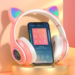 Cute Cat Ear Bluetooth Headphones LED Light Flash Stereo Foldable Wireless Headsets With Mic TF FM For Children Kid Girl Gifts