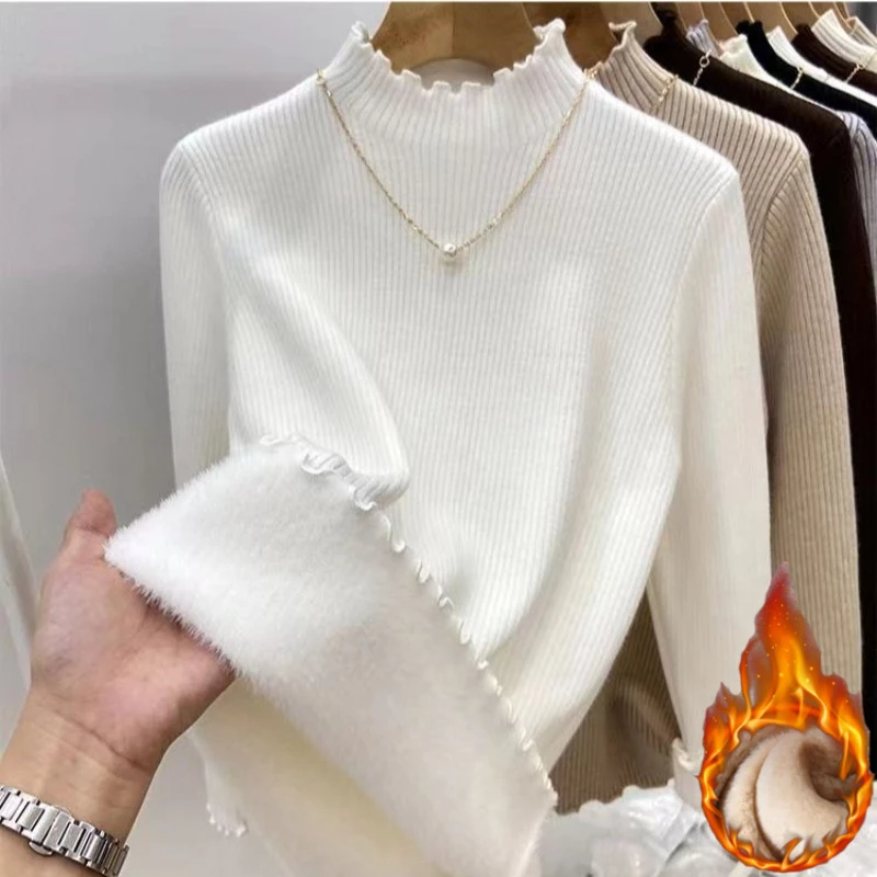Women's Thickened Fleece Lined Turtleneck Pullover Autumn Winter Fashion Base Layer Shirt Long Sleeves Warm Ruffled Edge Sweater