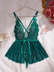 Elegant Lace Lingerie Set with Push-Up Bra and Sheer Bodysuit - S (Green)