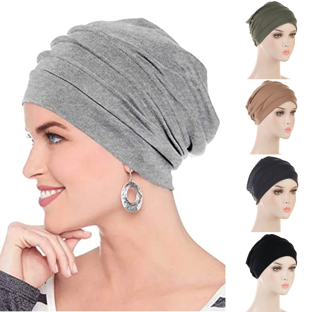 

Autumn Winter Muslim Inner Hijabs Cap For Winter Solid Color Elastic Brimless Beaniespleated Cotton Headwraps Turban Hat