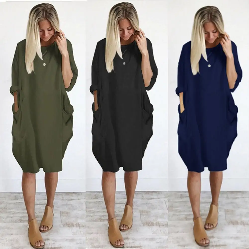 

Women Casual Solid Color O Neck Long Sleeve Pockets Knee-length Baggy Dress Vestidos Streetwear