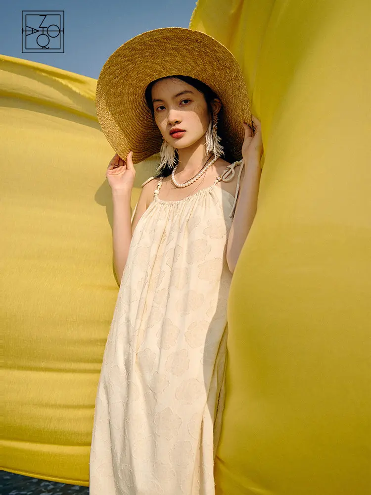 

ZIQIAO Cotton Linen Suspender Dress Textured High-end Long Dress 2023 Summer New Seaside Vacation Dress For Women Loose Casual