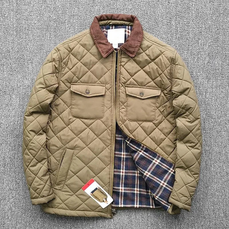 

Winter Men's Jacket Quilted Diamond Plaid Coat Casual Lightweight Water Resistant Microfiber Classic Clamp Cotton Windbreaker