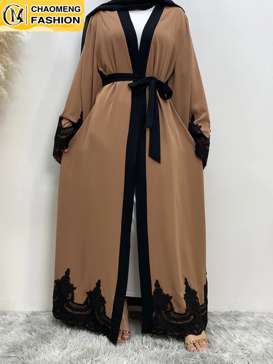 Middle East Fashion Ramadan Patchwork Lace Long Cardigan Muslim For Women Dubai Abaya Maxi Robe Kimono Turkish Islamic Clothing