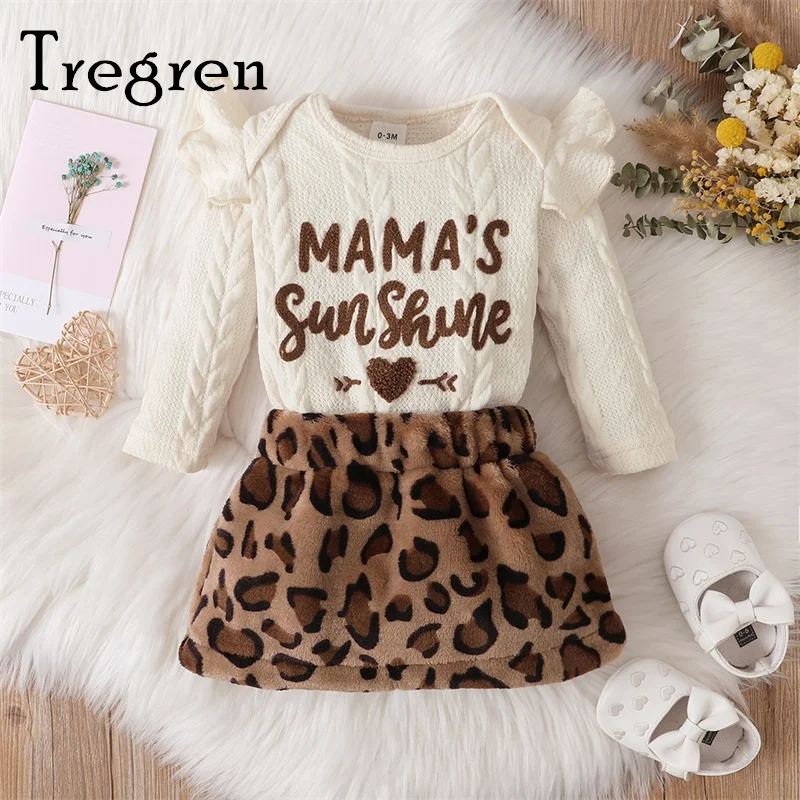 

Tregren Infant Baby Girl 2pcs Clothes Set Letter Print Fly Sleeve Crew Neck Knitting Romper Leopard Print Skirt Spring Outfit
