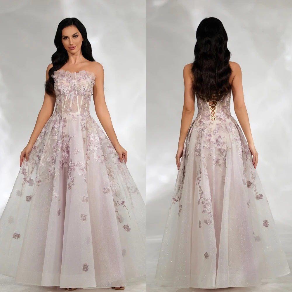 

Classic Exquisite Strapless Ball gown Appliques Sequined Draped Organza Floor-Length Evening Dresses