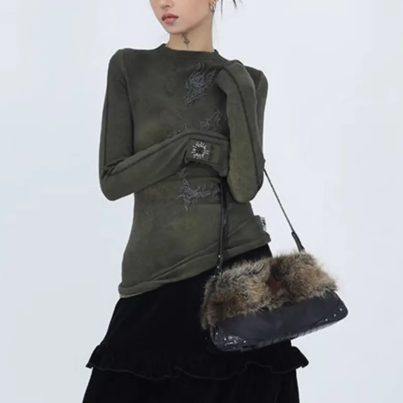 JIAERDI Harajuku Plush Black Shoulder Bags Purse Women Subculture Underarm Bag Y2k Hot Girls Vintage Handbag Wallet Aesthetic