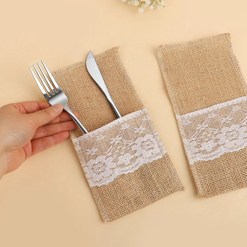 10/20/30 Stück Besteckhalter aus Sackleinen und Spitze, rustikale Jute-Bestecktaschen für Hochzeit, Geburtstag, Party, Bauernhaus, Esstisch-Dekoration – Detail 11